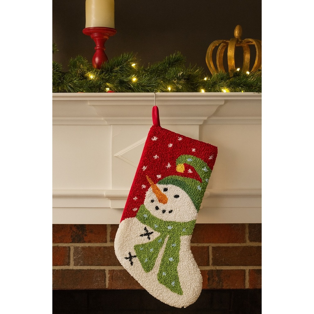 Snowman Christmas Stocking  Cozy Holiday Decor Red Green Scarf White Wool‎ Look
